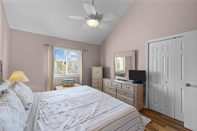 bedroom featuring ceiling fan, lofted ceiling, light hardwood / wood-style flooring, and a closet