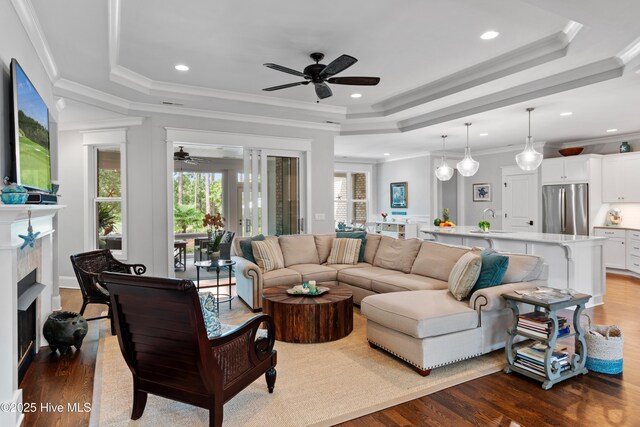 living room featuring dark hardwood / wood-style flooring, a tray ceiling, and crown molding