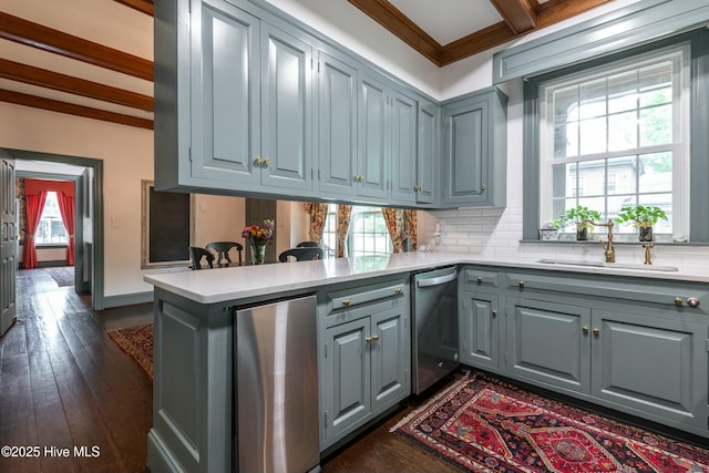 kitchen with sink, appliances with stainless steel finishes, dark hardwood / wood-style floors, kitchen peninsula, and backsplash