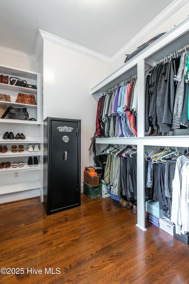 walk in closet with dark wood-type flooring