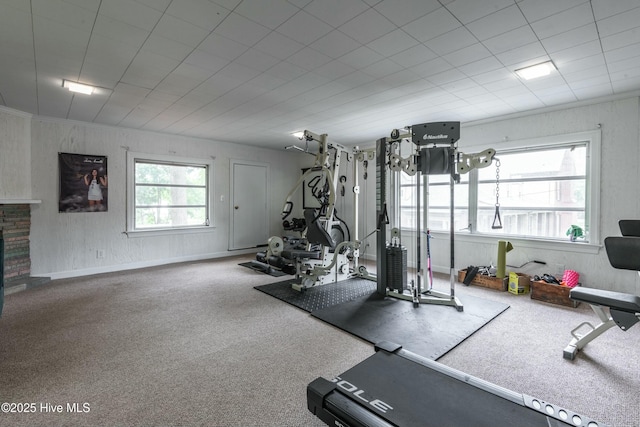 workout area featuring carpet floors and ornamental molding