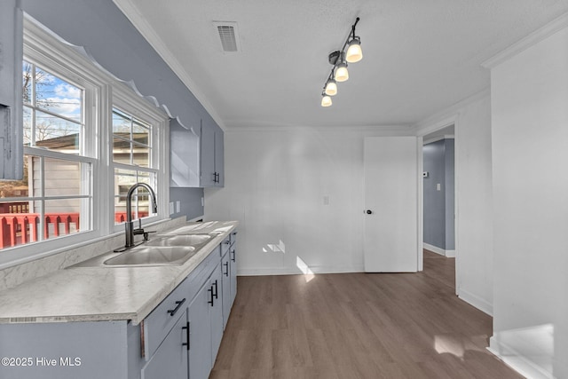 kitchen with ornamental molding, sink, and hardwood / wood-style floors