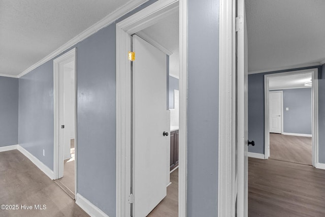 hall with ornamental molding, a textured ceiling, and light wood-type flooring