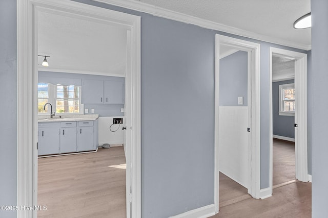 hall featuring sink, crown molding, light hardwood / wood-style floors, and a textured ceiling