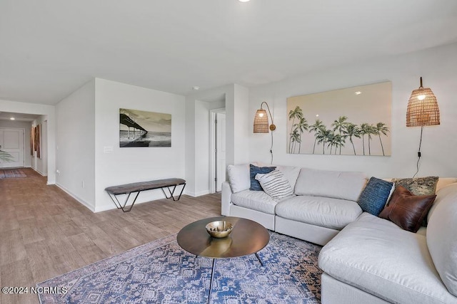 living room with baseboards and wood finished floors