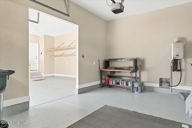 garage with tankless water heater and a garage door opener