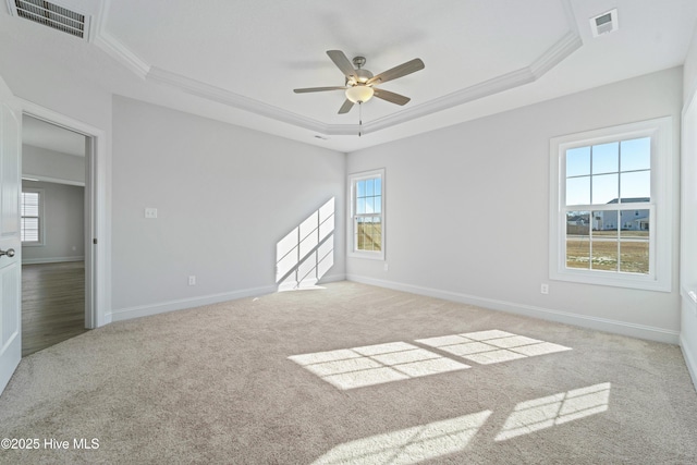 empty room featuring ceiling fan, ornamental molding, and a raised ceiling