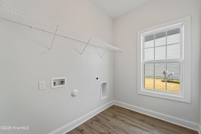 clothes washing area featuring washer hookup, hookup for a gas dryer, wood-type flooring, and hookup for an electric dryer