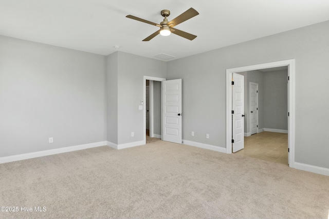 unfurnished bedroom with light carpet and ceiling fan