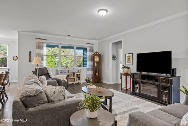 living room with hardwood / wood-style floors, a healthy amount of sunlight, and ornamental molding