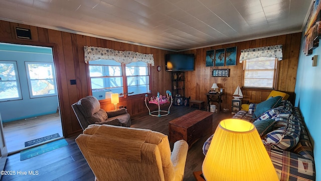 living room with dark hardwood / wood-style floors, a healthy amount of sunlight, and wooden walls