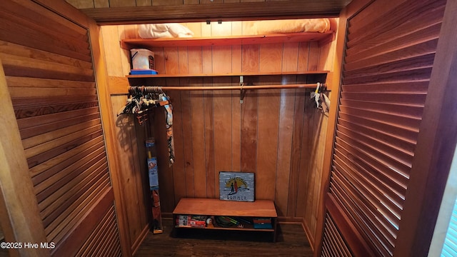 mudroom with wooden walls