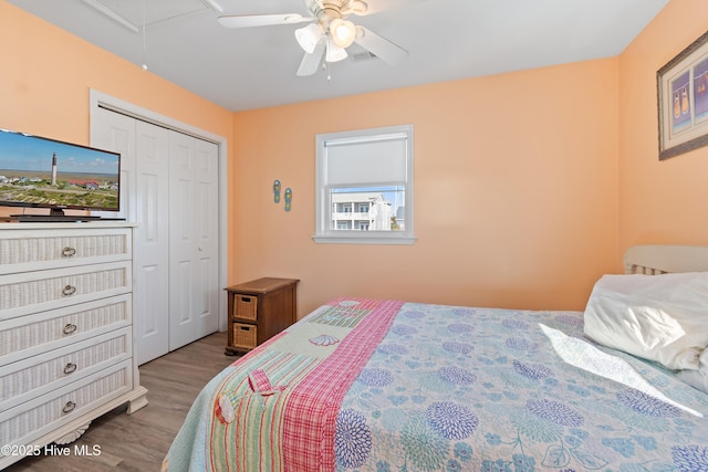 bedroom with hardwood / wood-style flooring, ceiling fan, and a closet