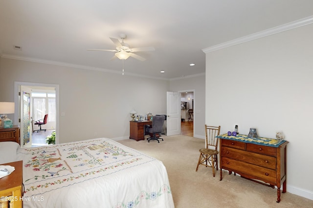 bedroom with light colored carpet, ceiling fan, and crown molding