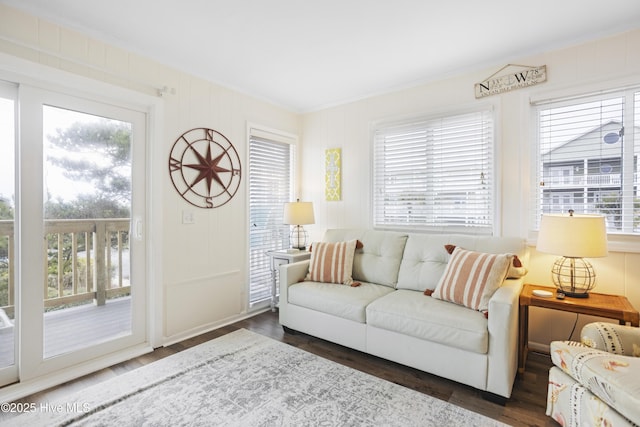 living room with dark hardwood / wood-style flooring, a healthy amount of sunlight, and ornamental molding