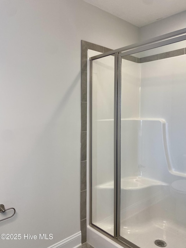 bathroom featuring a shower with shower door