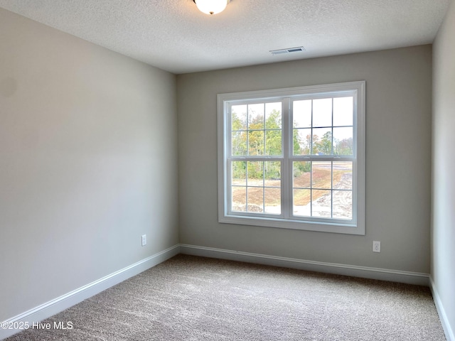 carpeted empty room with a textured ceiling