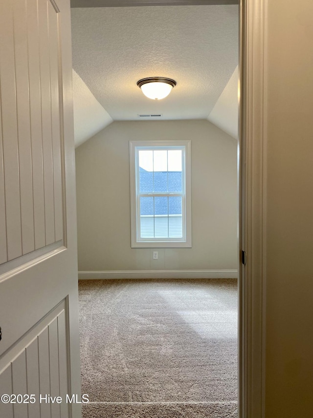 additional living space with carpet floors, a textured ceiling, and vaulted ceiling