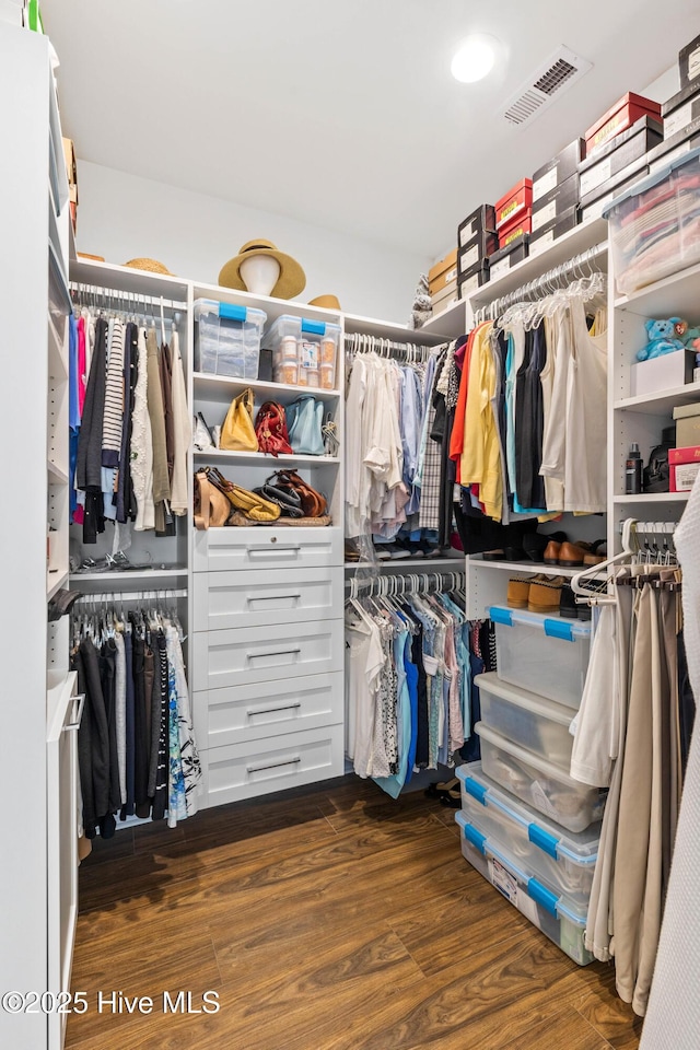 walk in closet with dark hardwood / wood-style flooring