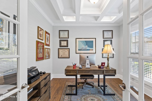 home office featuring a wealth of natural light, dark hardwood / wood-style flooring, coffered ceiling, and beamed ceiling