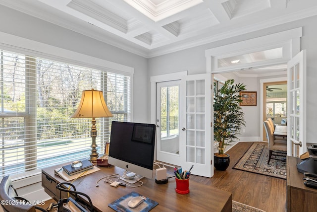 office space with coffered ceiling, plenty of natural light, french doors, and beamed ceiling