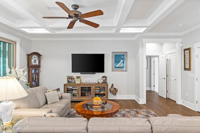 living room with beamed ceiling, crown molding, and coffered ceiling