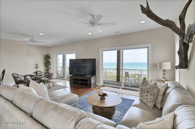 living room with wood-type flooring and ceiling fan