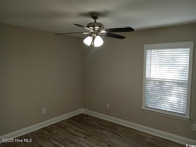 empty room featuring ceiling fan and dark wood-type flooring