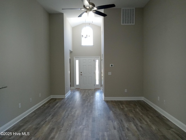 entryway featuring ceiling fan, dark hardwood / wood-style flooring, and vaulted ceiling