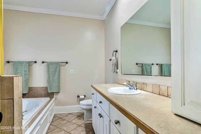 bathroom with a bathing tub, tile patterned flooring, vanity, ornamental molding, and toilet