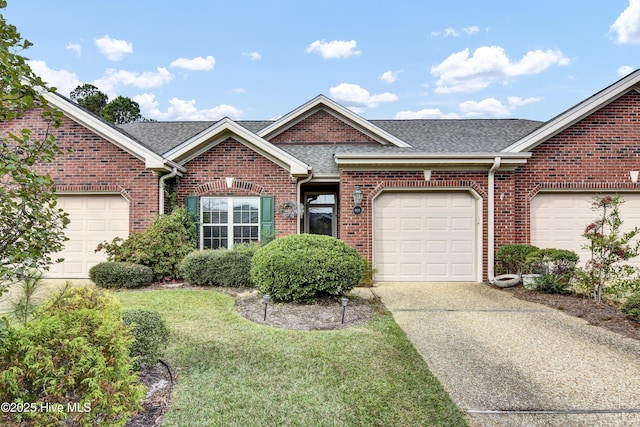 single story home featuring brick siding, a front lawn, concrete driveway, roof with shingles, and a garage