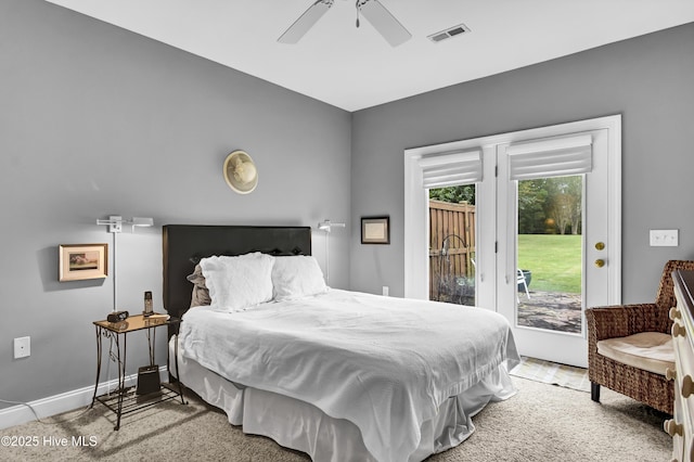 bedroom with visible vents, baseboards, a ceiling fan, and access to outside