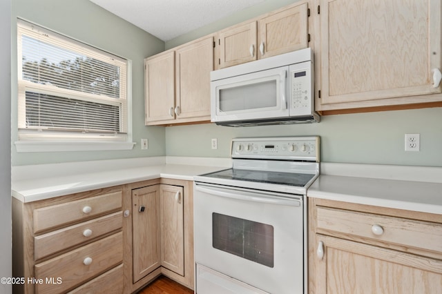 kitchen with light brown cabinetry and white appliances