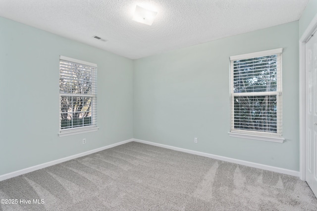 unfurnished room with a healthy amount of sunlight, carpet floors, and a textured ceiling