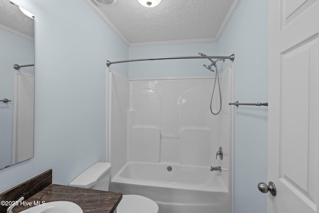 full bathroom with crown molding, a textured ceiling, toilet, shower / tub combination, and vanity