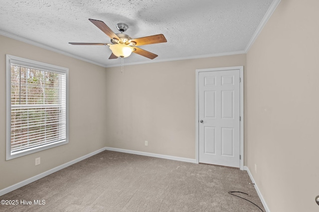 spare room with a textured ceiling, light colored carpet, ceiling fan, and crown molding