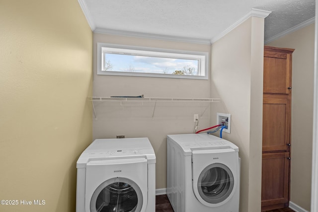 washroom with crown molding, washer and dryer, and a textured ceiling