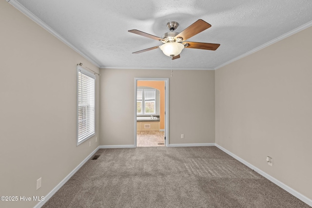 empty room featuring carpet flooring, ceiling fan, crown molding, and a textured ceiling