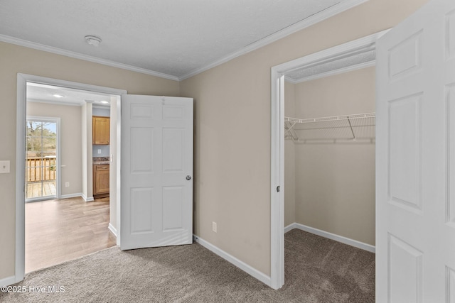 unfurnished bedroom with carpet floors, crown molding, and a closet