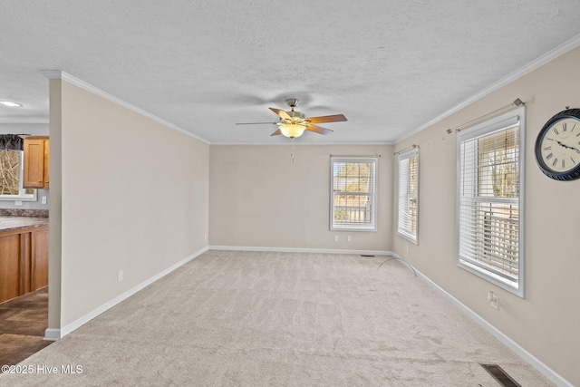 empty room with light carpet, a textured ceiling, ceiling fan, and ornamental molding