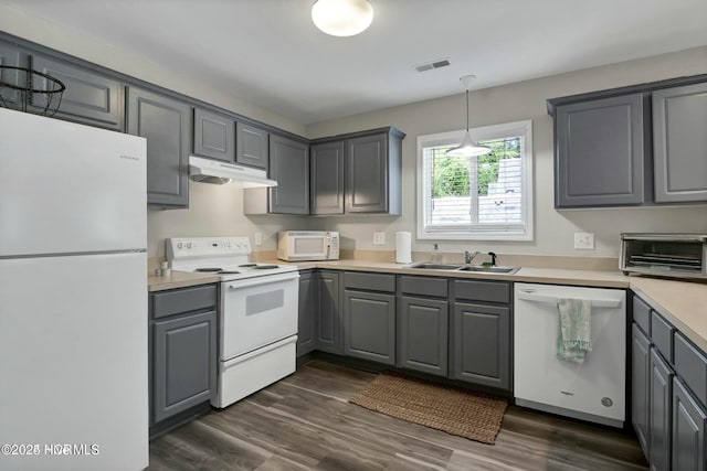 kitchen with sink, white appliances, and gray cabinets