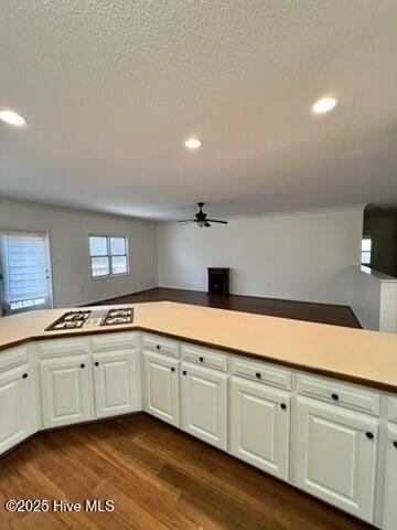 kitchen featuring ceiling fan, white cabinets, dark hardwood / wood-style floors, and white gas stovetop