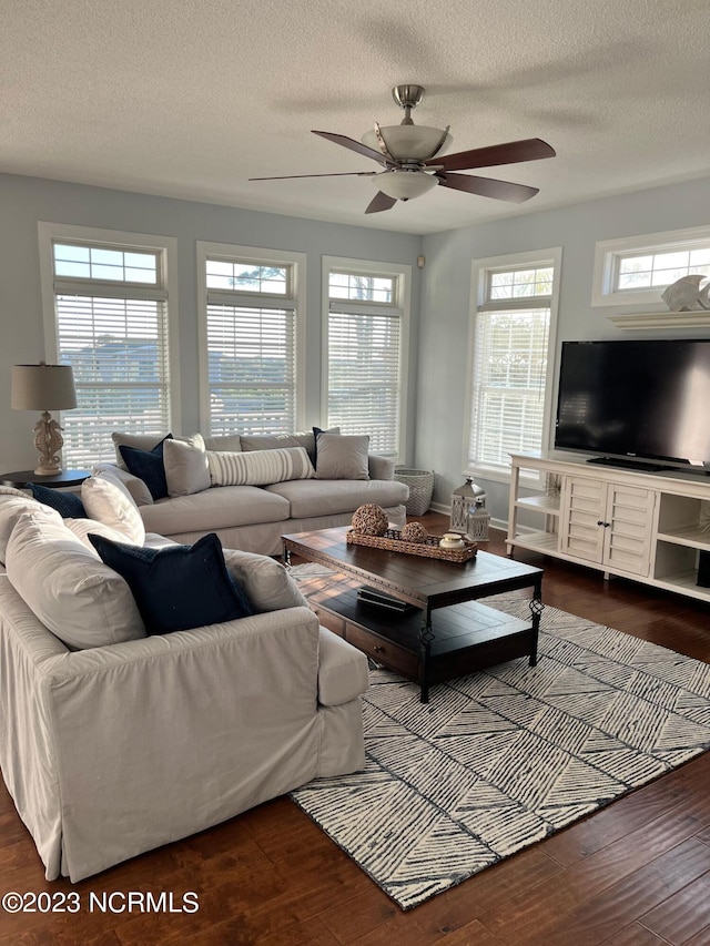 living room featuring a wealth of natural light, ceiling fan, dark hardwood / wood-style floors, and a textured ceiling