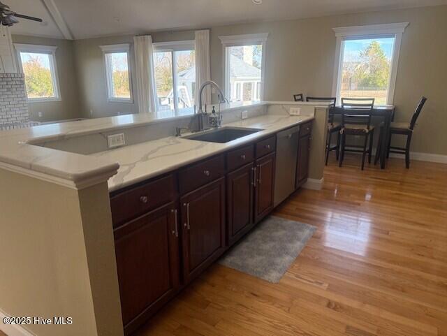 kitchen with dishwasher, light wood-type flooring, a wealth of natural light, and sink