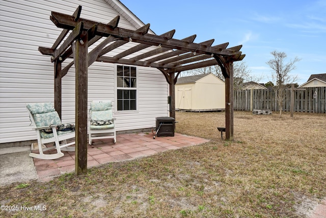 exterior space featuring a pergola and a shed