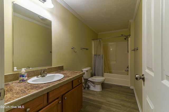 full bathroom featuring wood-type flooring, shower / bath combination with curtain, toilet, a textured ceiling, and ornamental molding