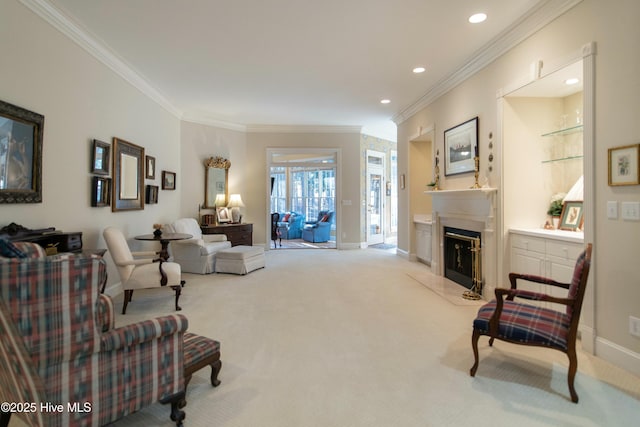 carpeted living room featuring crown molding