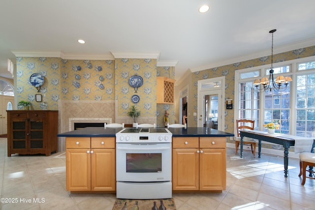 kitchen with white range with electric stovetop, crown molding, hanging light fixtures, and an inviting chandelier