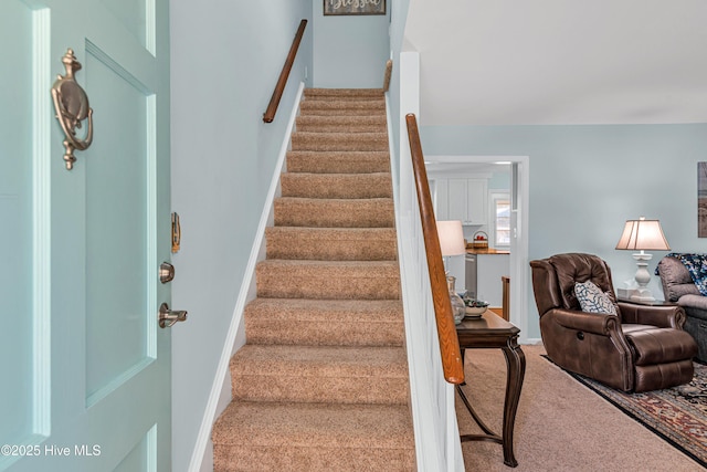 stairway with carpet flooring