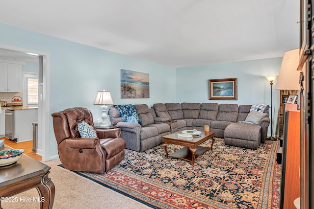 living room featuring light carpet